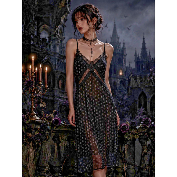 Band of Gypsies Dresses & Skirts - Band of Gipsies Black Lace Slip Dress Midi Whimsigoth Vamp Sheer Metallic Sz S
